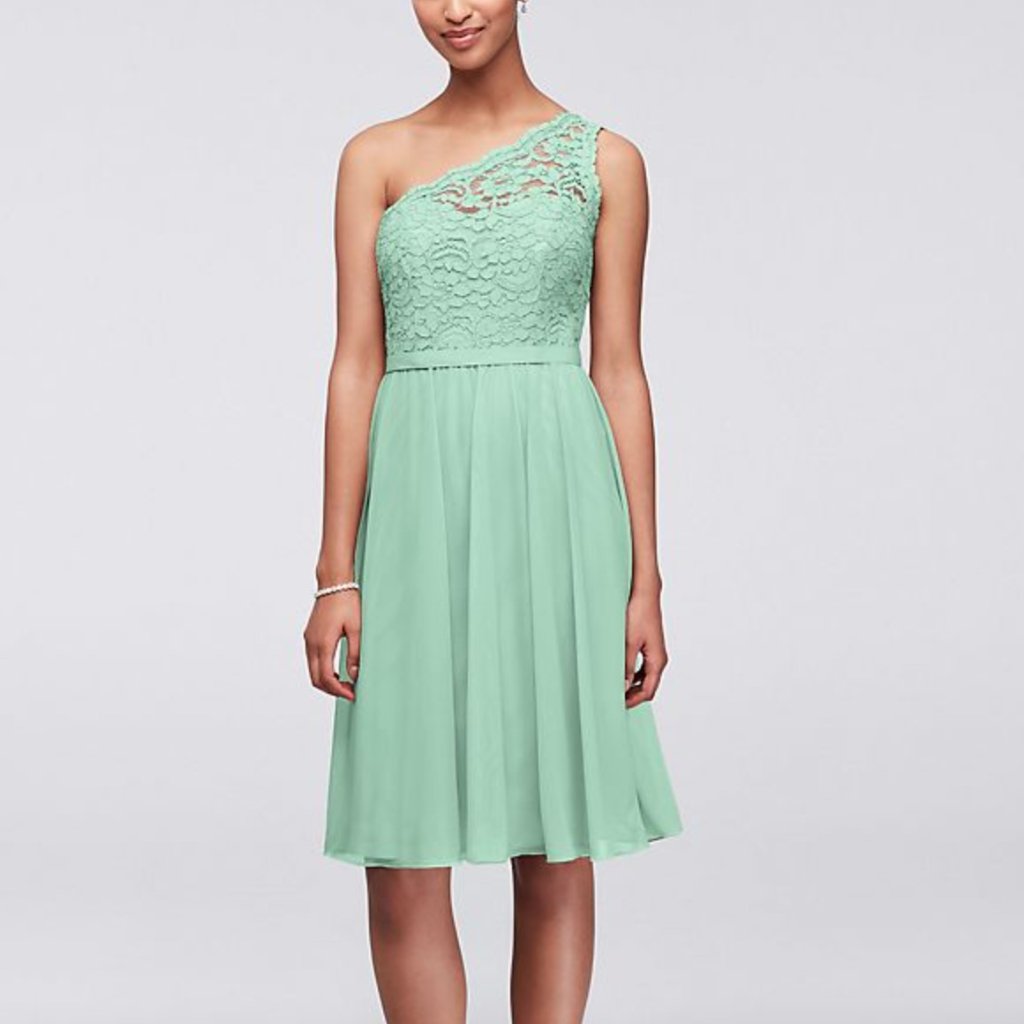 David's Bridal Short One Shoulder Corded Lace Dress Mint Green Bridesmaid Prom